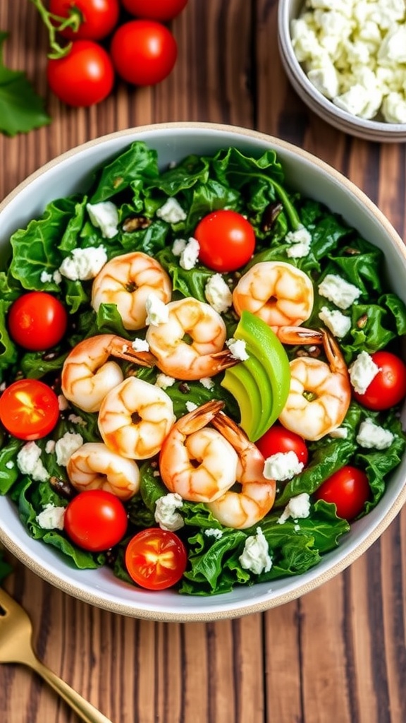A colorful shrimp kale salad with shrimp, kale, cherry tomatoes, avocado, and feta cheese, served in a bowl on a wooden table.
